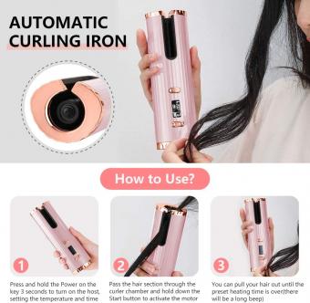 مكواة تجعيد الشعر اللاسلكية أوتوماتيكية ، شاشة LCD ، تسخين سريع مع 5 درجات حرارة ، USB قابلة لإعادة الشحن