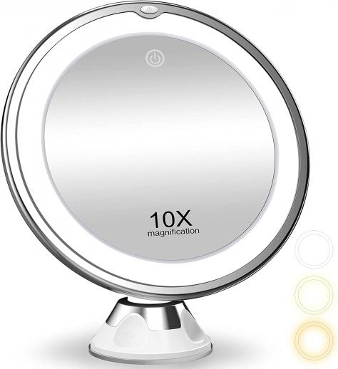 8" Makeup Mirror 10X with Lights, 3 Color Light Mode, 360° Rotation, Battery Powered