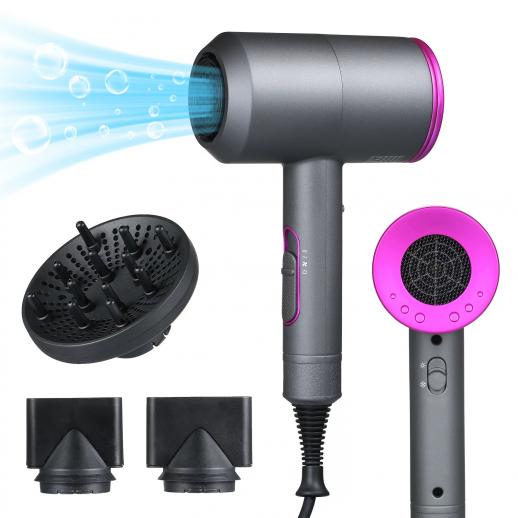 Ionic Hair Dryer, 1800W Fast Dry, 2 Nozzles & 1 Diffuser, 3 Temps & 2 Speed, Plug Charge