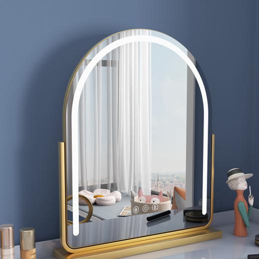 Arched Vanity Mirror with LED Strip, 40*62cm Large, Smart Touch, 3 Colors Mode, Adjustable Brightness, Plug Charge, Gold Stand