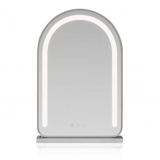 מראת איפור מקושתת עם פס לד, 40*62 ס"מ גדולה, חכם מגע, מצב 3 צבעים, בהירות מתכווננת, טעינת תקע, מעמד כסף