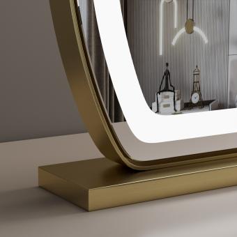 مرآة فانيتي بيضاوية مع شريط LED ، 40 * 50 سم كبير ، لمسة ذكية 360 درجة دوران ، وضع 3 ألوان ، سطوع قابل للتعديل ، شحن قابس ، حامل ذهبي