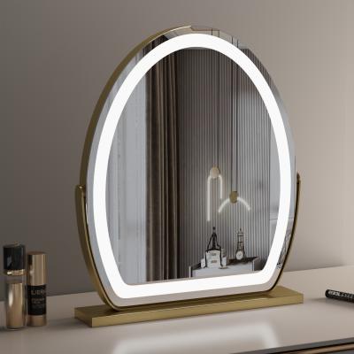 Ovale Miroir Maquillage avec LED Bande, 40*50cm Miroir Coiffeuse avec 3 Couleurs Mode, 360° Rotation, , Luminosité Réglable, EU Plug, Doré