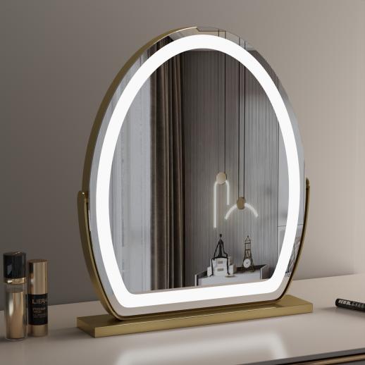 Oval Vanity Mirror with LED Strip, 40*50cm Large, Smart Touch 360 Rotation, 3 Colors Mode, Adjustable Brightness, Plug Charge, Gold Stand