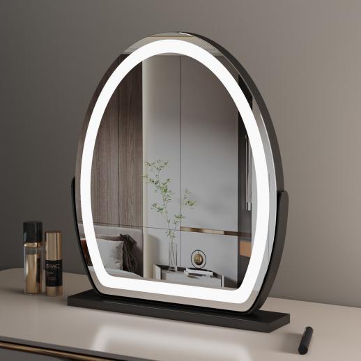 Oval Vanity Mirror with LED Strip, 40*50cm Large, Smart Touch 360 Rotation, 3 Colors Mode, Adjustable Brightness, Plug Charge, Black Stand