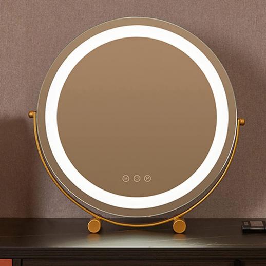 Round LED Vanity Mirror 50cm/20" Large for Bedroom Table, Smart Touch, 3 Light Mode, Adjustable Brightness, 360° Rotation, Plug Charge, Gold Stand