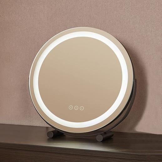 Round LED Vanity Mirror 50cm/20" Large for Bedroom Table, Smart Touch, 3 Light Mode, Adjustable Brightness, 360° Rotation, Plug Charge, Black Stand