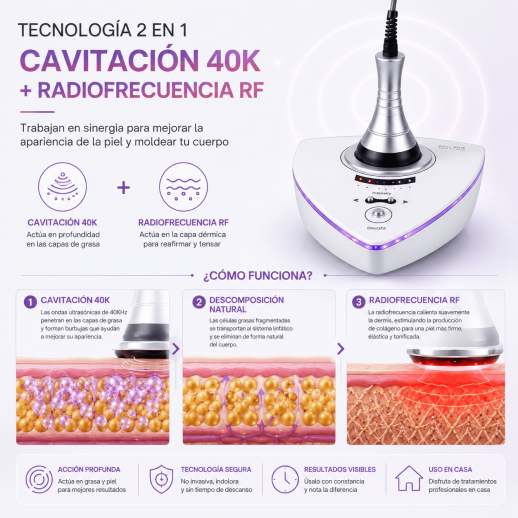 Mini Dispositivo de Cavitación Ultrasónica 40K y Radiofrecuencia RF para Reafirmar y Mejorar la Apariencia de la Piel