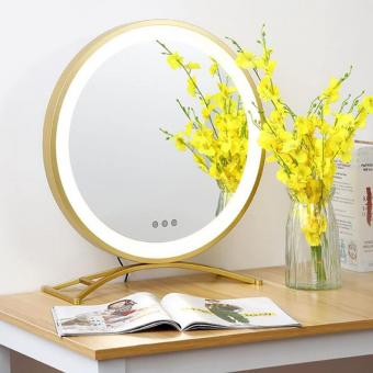 Ronde kaptafelspiegel 50 cm/20" groot voor kaptafel, 3 lichtstanden, instelbare helderheid, 360° rotatie, stekkeroplader, goudkleurig Ronde kaptafelspiegel 50 cm/20" groot voor kaptafel, 3 lichtstanden, instelbare helderheid, 360° rotatie, stekkeroplader, goudkleurig