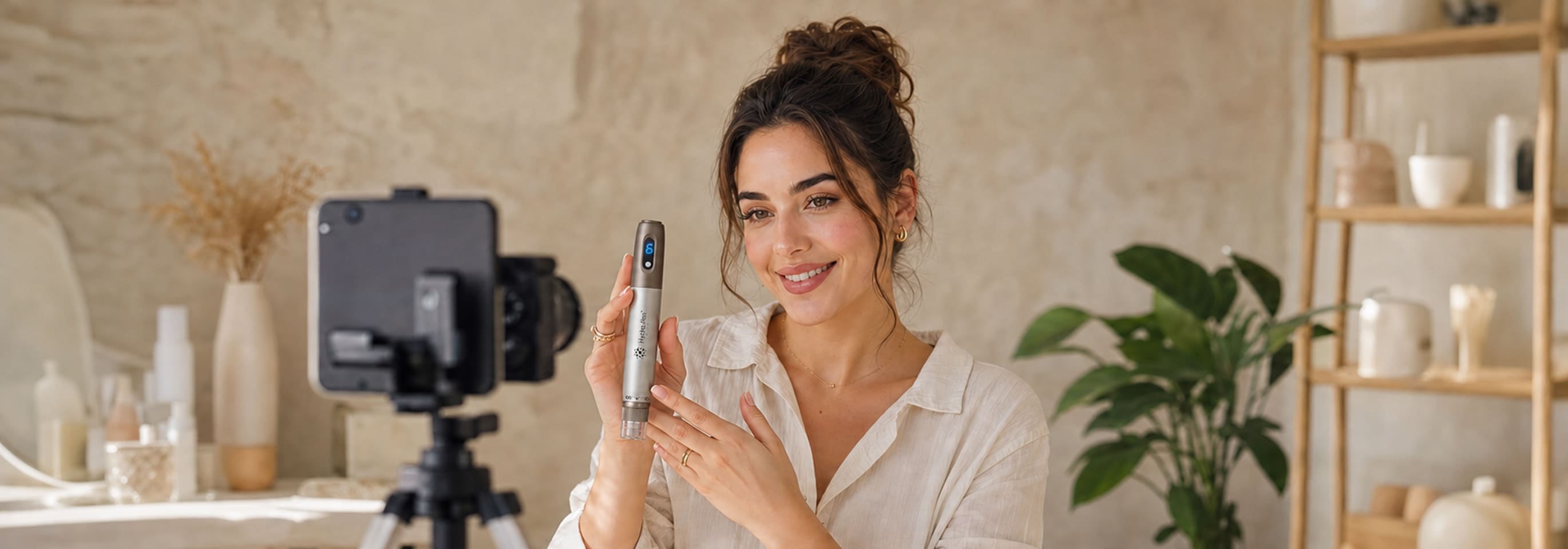 A beauty content creator presenting a FREYARA device