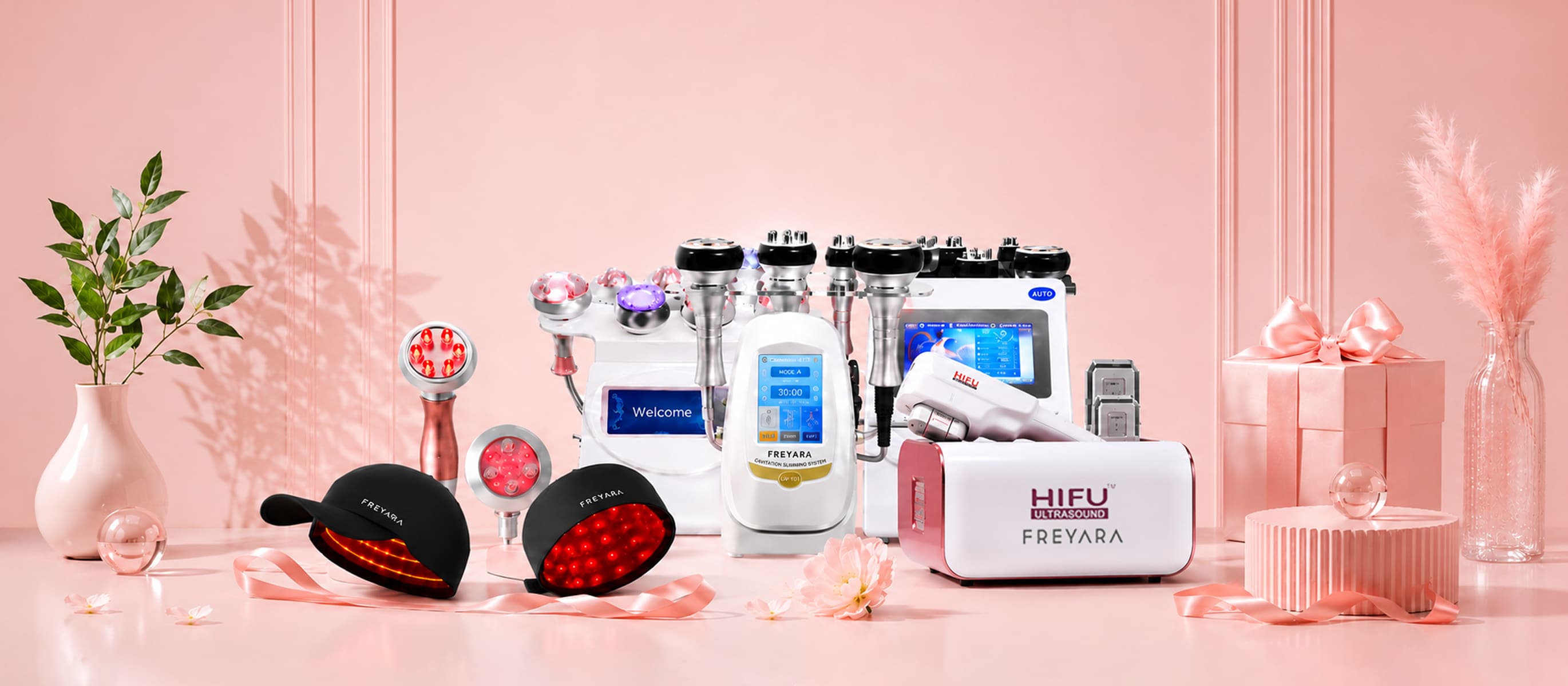 FREYARA professional beauty devices presented in a pink studio