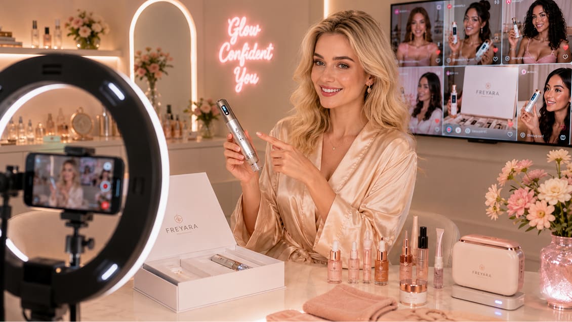 A creator filming a FREYARA beauty product collaboration