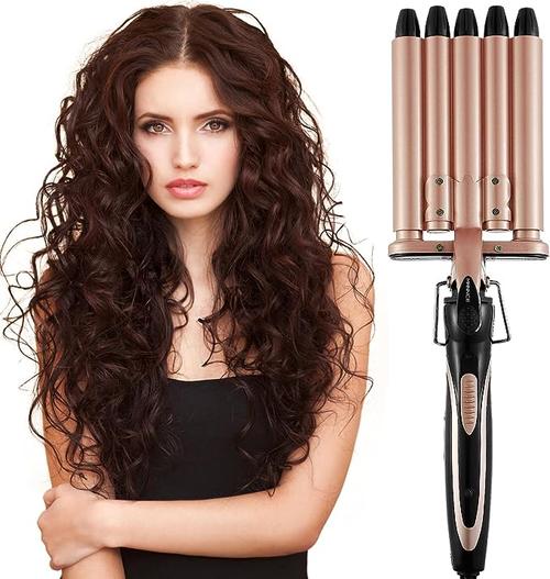 Professional using electric hair crimper on model