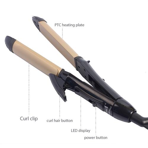 Mini flat iron demonstrating curl creation